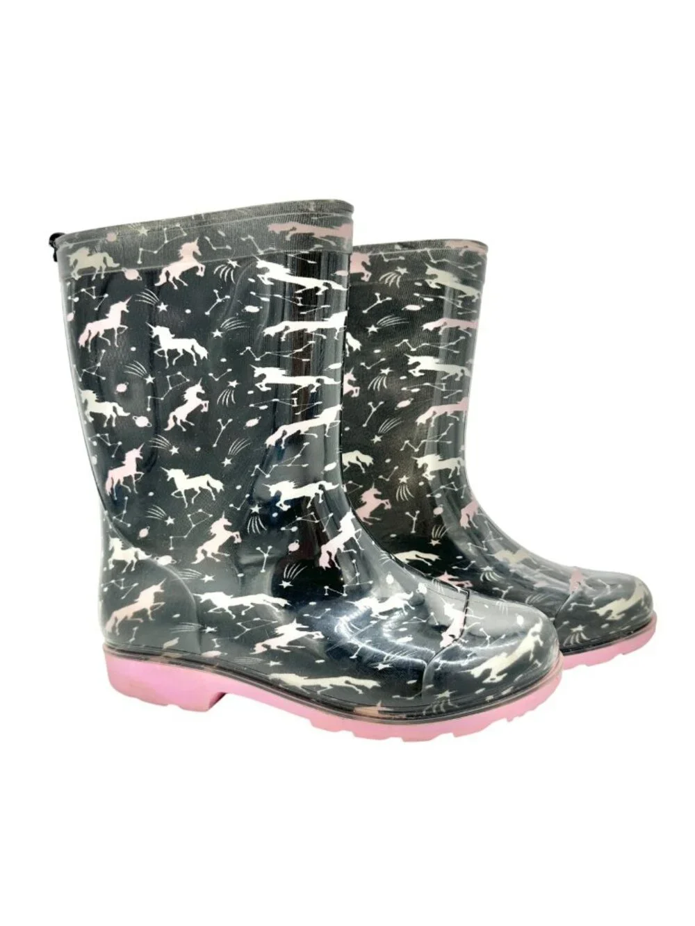 Capelli New York Rain Boots Girls Size 4 Rubber Black and Pink Unicorn Print